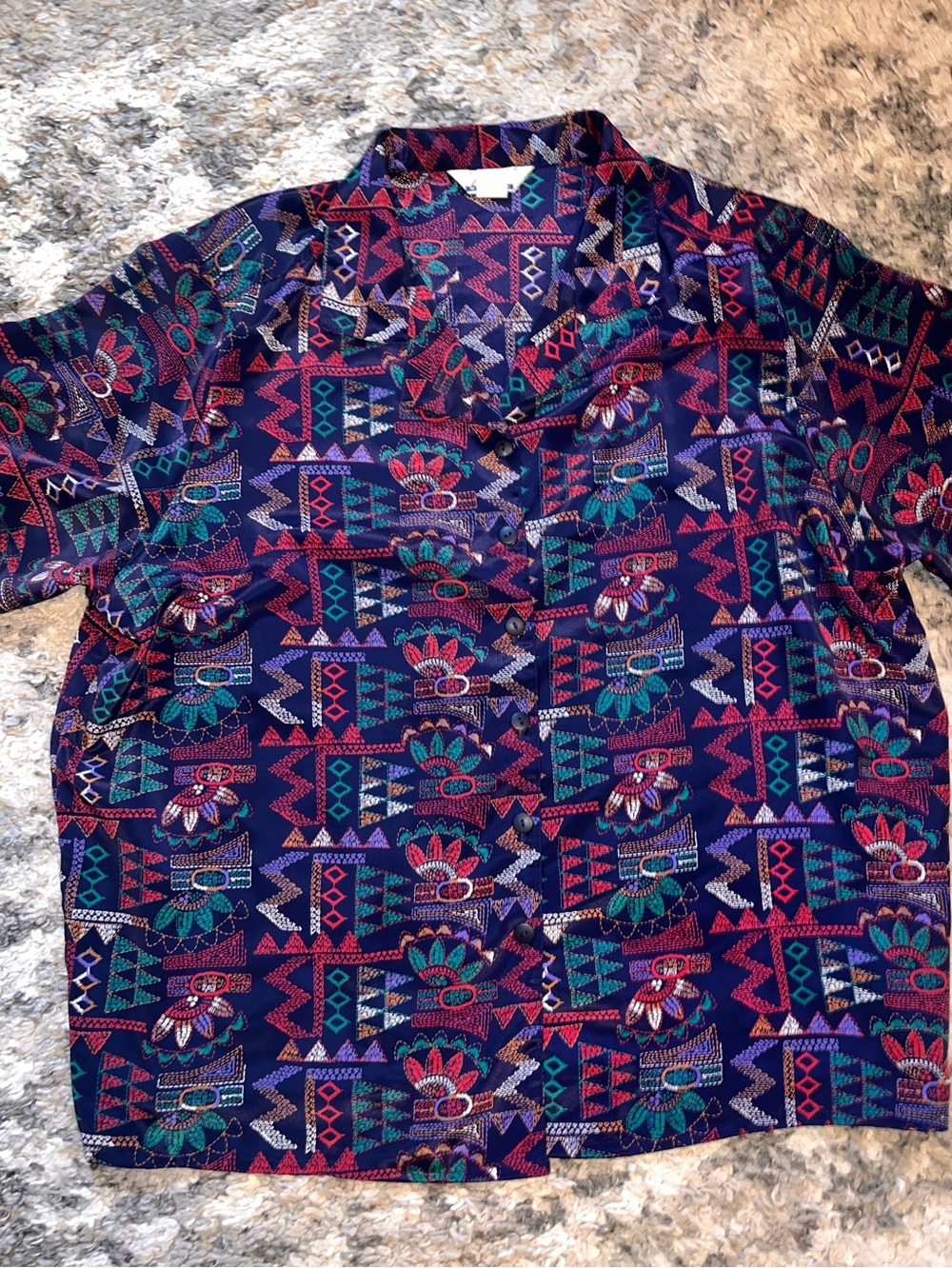 Vintage Geometric tribal Aztec  Button-Up — Navy, Teal & Red